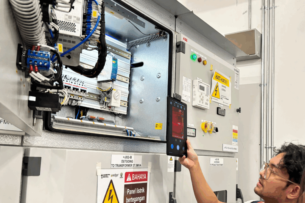 An engineer is maintaining the power aspect of Digital Edge Indonesia data center