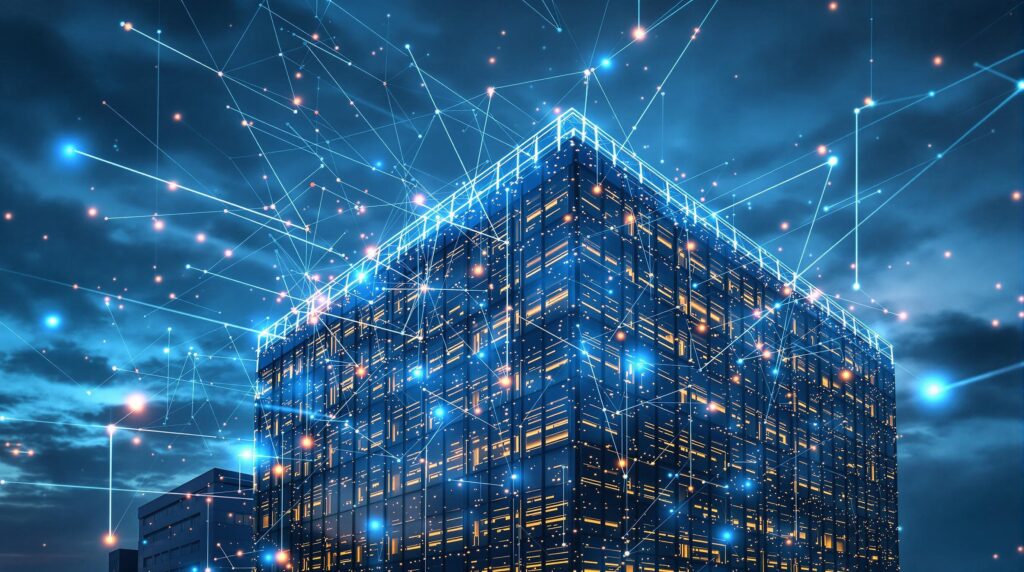 Visual illustration of a modern data center emitting global and local digital networks, representing the role of an internet exchange (IX) in internet connectivity.