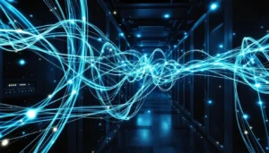 Intricate fiber optic cables glowing and interweaving within a server room, symbolizing the complex pathways of internet data traffic through IP Peering vs IP Transit.