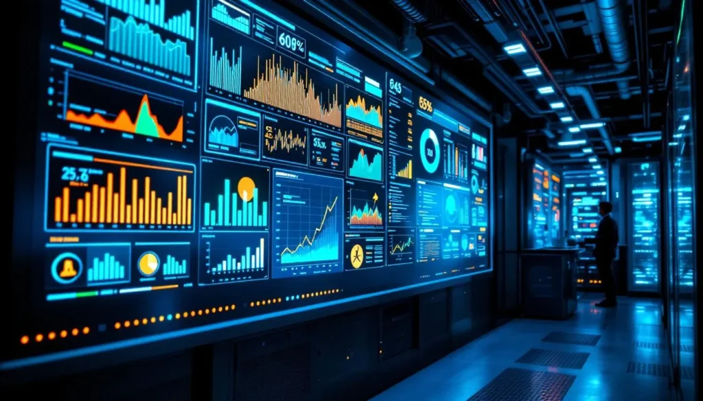 Data Center Infrastructure Management (DCIM) control room inside a modern data center, featuring digital dashboards with energy, cooling, and power monitoring in blue and green tones.