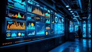 Data Center Infrastructure Management (DCIM) control room inside a modern data center, featuring digital dashboards with energy, cooling, and power monitoring in blue and green tones.