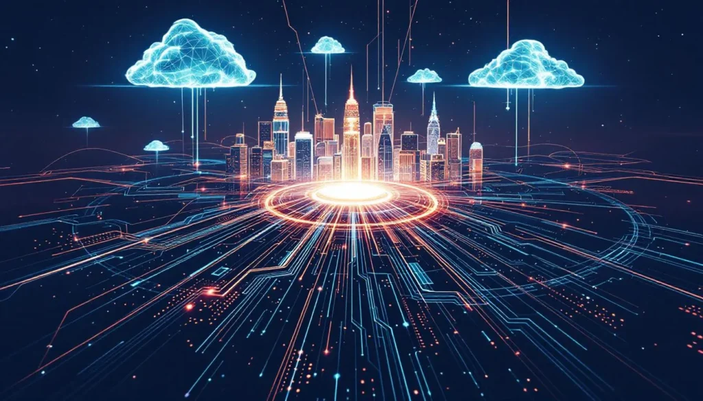 Illustration of Indonesia's digital ecosystem, showing how a Cloud Exchange in a central Jakarta data center acts as an interconnection hub, connecting businesses to various multi-cloud services through fast and secure private connection paths.