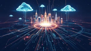 Illustration of Indonesia's digital ecosystem, showing how a Cloud Exchange in a central Jakarta data center acts as an interconnection hub, connecting businesses to various multi-cloud services through fast and secure private connection paths.