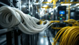 An image of a server room with neatly organized fiber optic internet installations, showcasing stable and high-performance business connectivity.
