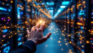 Peering Coordinator Tools: Modern data center interior with glowing fiber optics and network lines, featuring a holographic data flow projection. A hand is seen monitoring, indicating sophisticated network connectivity management.