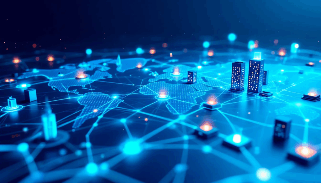 Illustration of what is WAN, a wide area network that connects offices, data centers, and business branches across multiple locations with modern digital connectivity