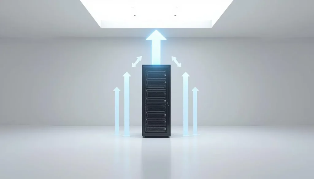 Conceptual illustration of vertical vs horizontal scaling shown by upward and sideways arrows from a single server rack in a white room.